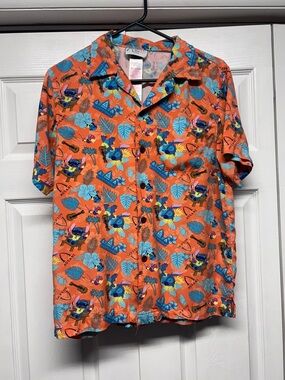 Disney Orange Tropical Button-Down Shirt with Blue Accents